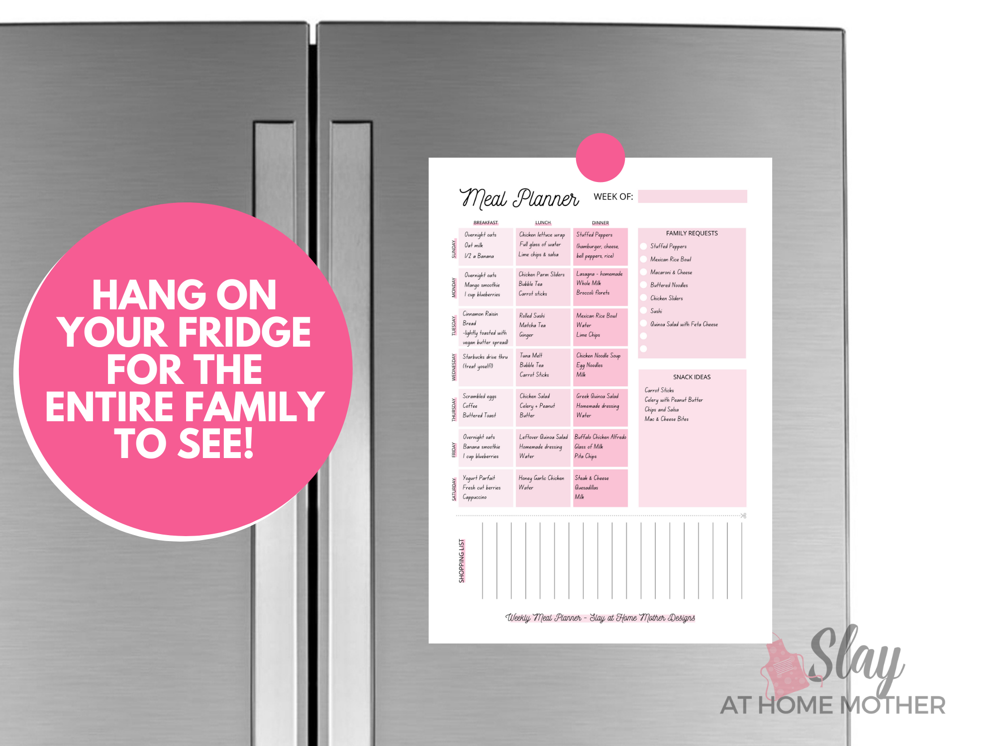 weekly family meal planner pink on fridge