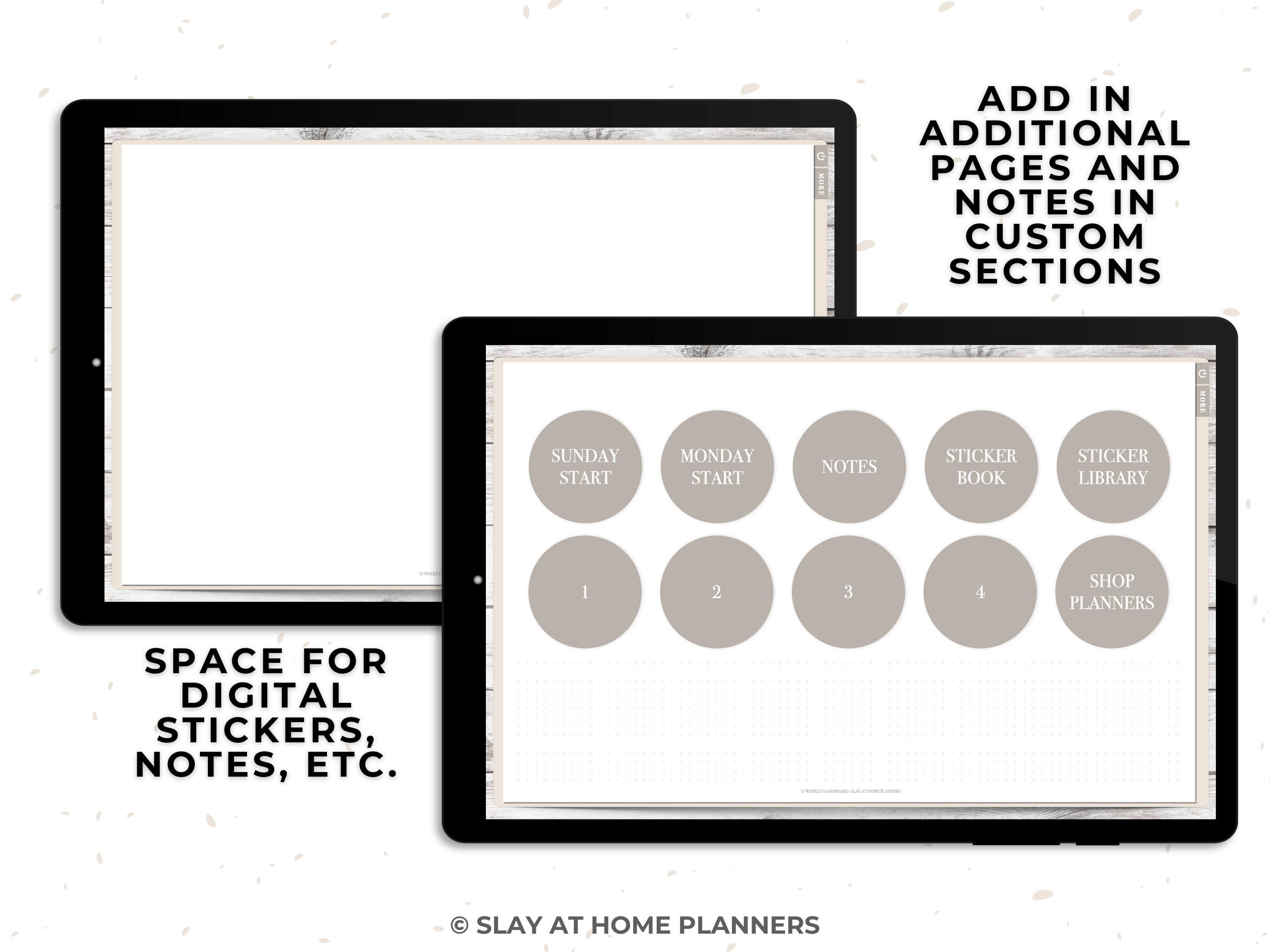 weekly dashboard planner extra sections mockup
